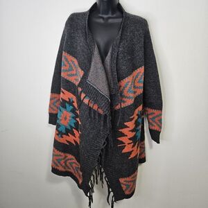 Roots Long Cardigan XS/S Aztec Print Fringe Cascade Open Front Wool Knit